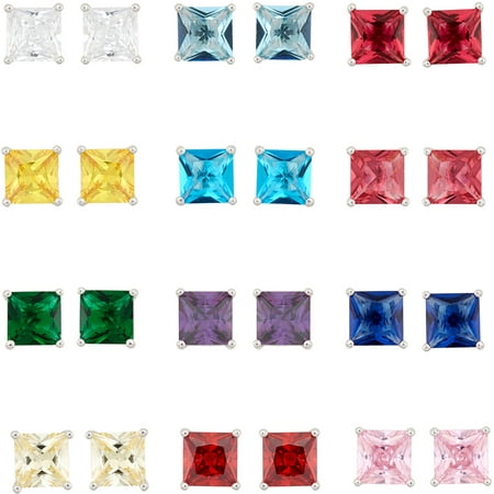 Simulated Gemstone and CZ Sterling Silver 5mm Square Earrings, 12 Pairs