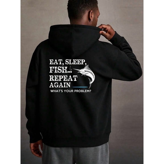 Plus Size Men's Hooded Sweatshirt (Back Print) | Fisherman's Joy Men's Heavy Duty Fishing Hoodie - Full Zip With Fish Pattern And Eat Sleep Fish Repeat Slogan, Long Sleeve Casual Outdoor Fishing Clot