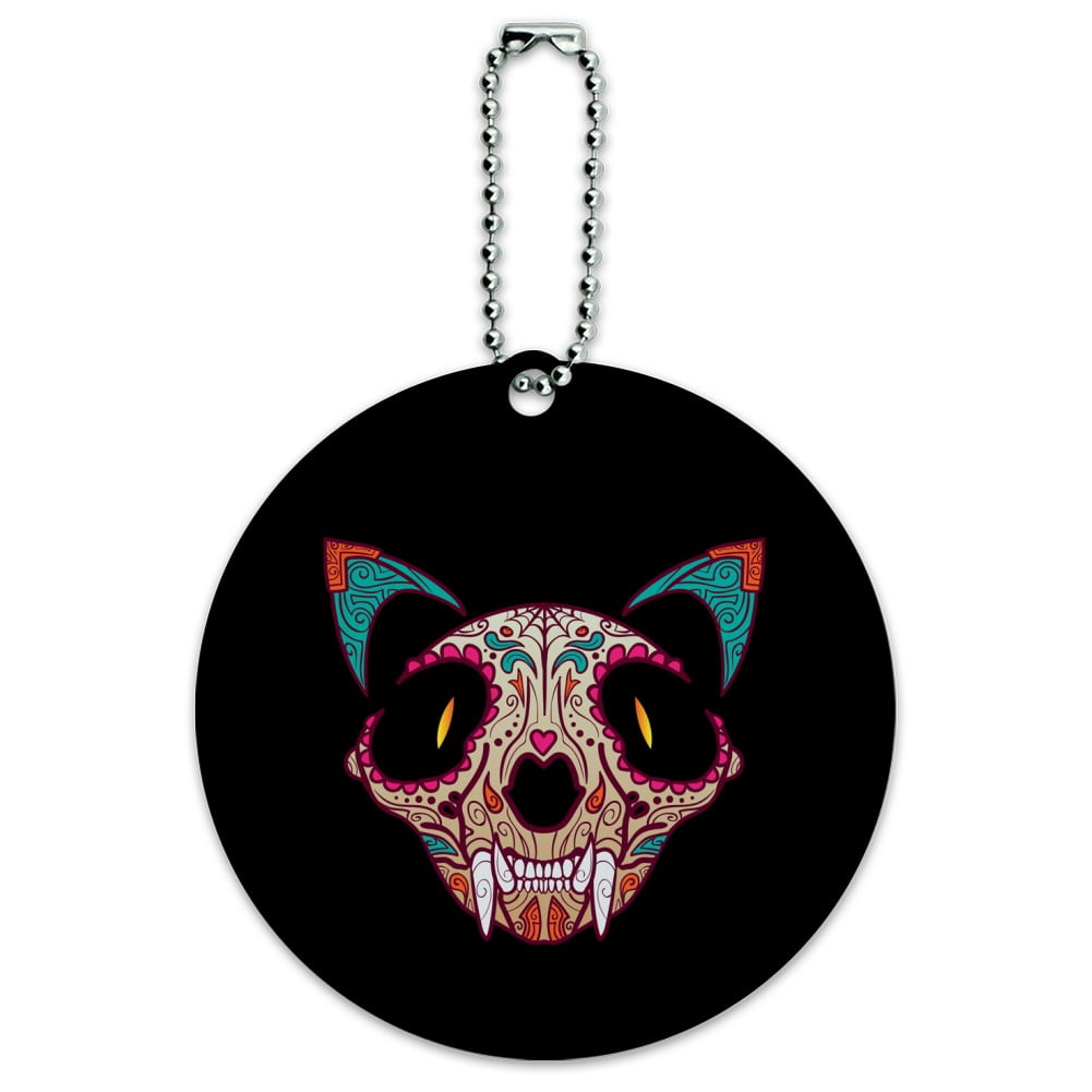Cat Skull Mexican Day of the Dead Round Luggage ID Tag Card Suitcase Carry-On