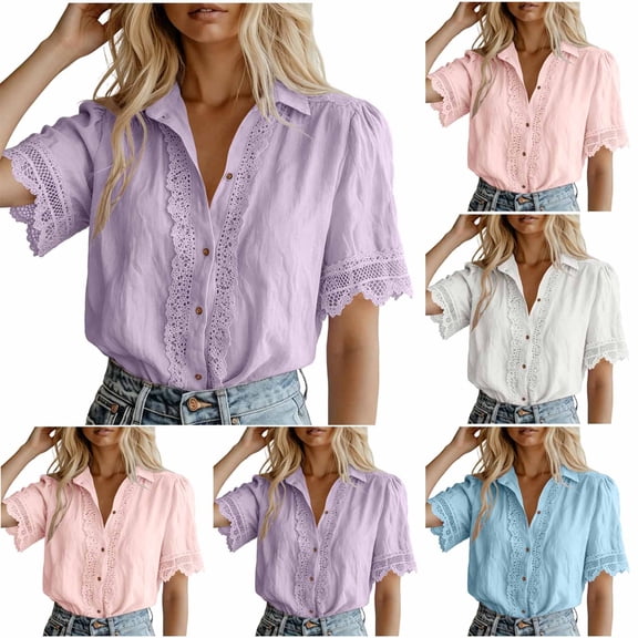 Mifsaly Button Down Shirts Women Crochet Lace Trim Elegant Business Casual Tops Short Sleeve V Neck Collar Blouses for Work office Summer Vacation Outfits Purple,M