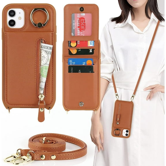 iPhone 11 Case for Women with Card Holder, iPhone 11 Phone Case Wallet with Strap,Crossbody Lanyard Cases with Credit Card Slots Kickstand with Ring Holder Stand Case,6.1 Inch,Brown