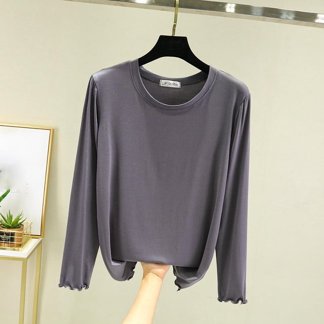 Timegard Hauts d'Automne pour Femmes Pyjamas Col Rond Manches Longues Vêtements de Nuit Décontractés Amples Confortables Hauts de Couleur Unie