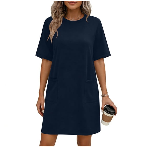 Efsteb Dresses for Women Summer Beach Vacation Loose Short Sleeve Casual Solid Color Fashion Loose Dress with Pocket Crew Neck Dresses (Navy,M)