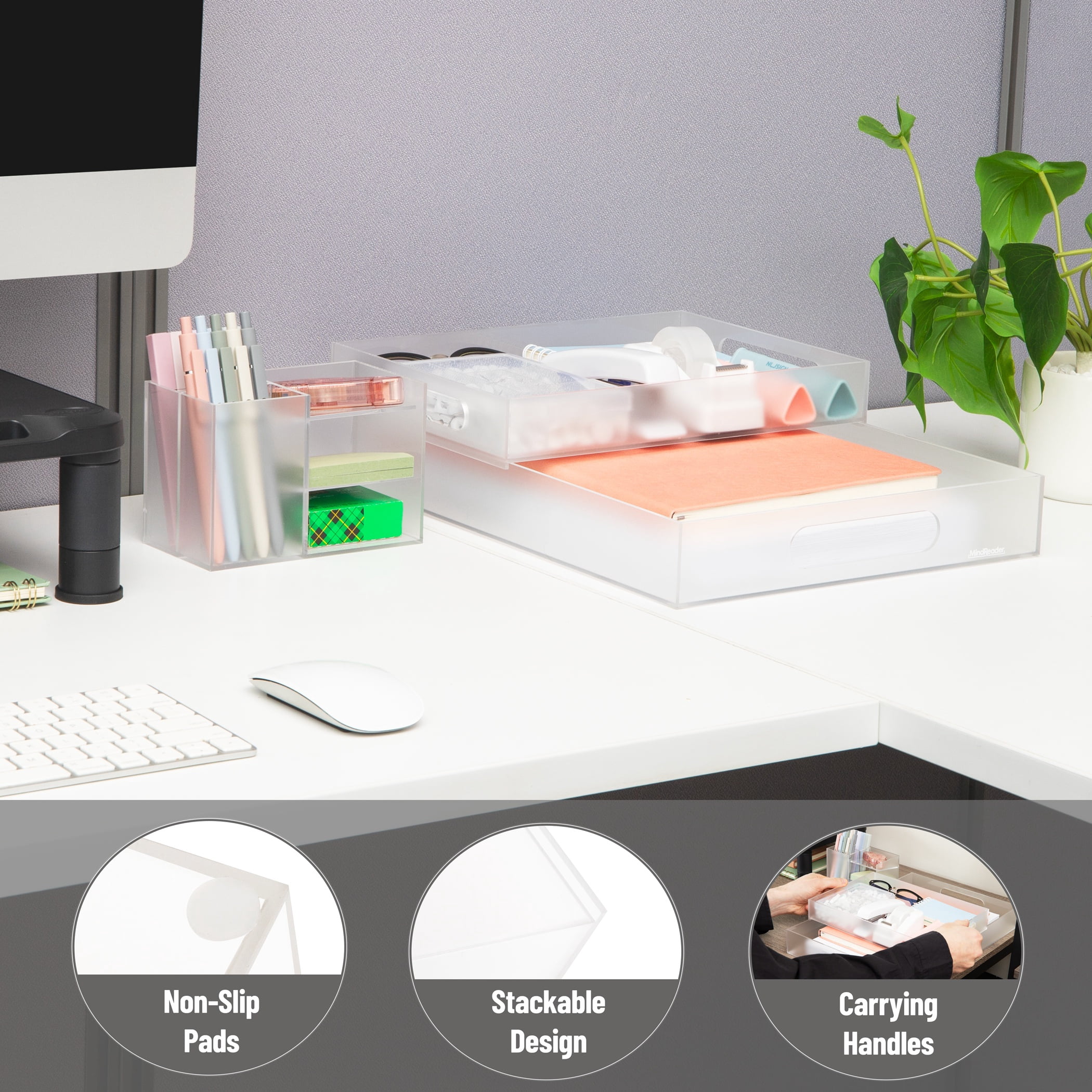 Mind Reader 3-Piece Acrylic Desktop Organizer Set, Frosted Clear Paper Tray, Accessory Tray, Pen and Supply Organizer