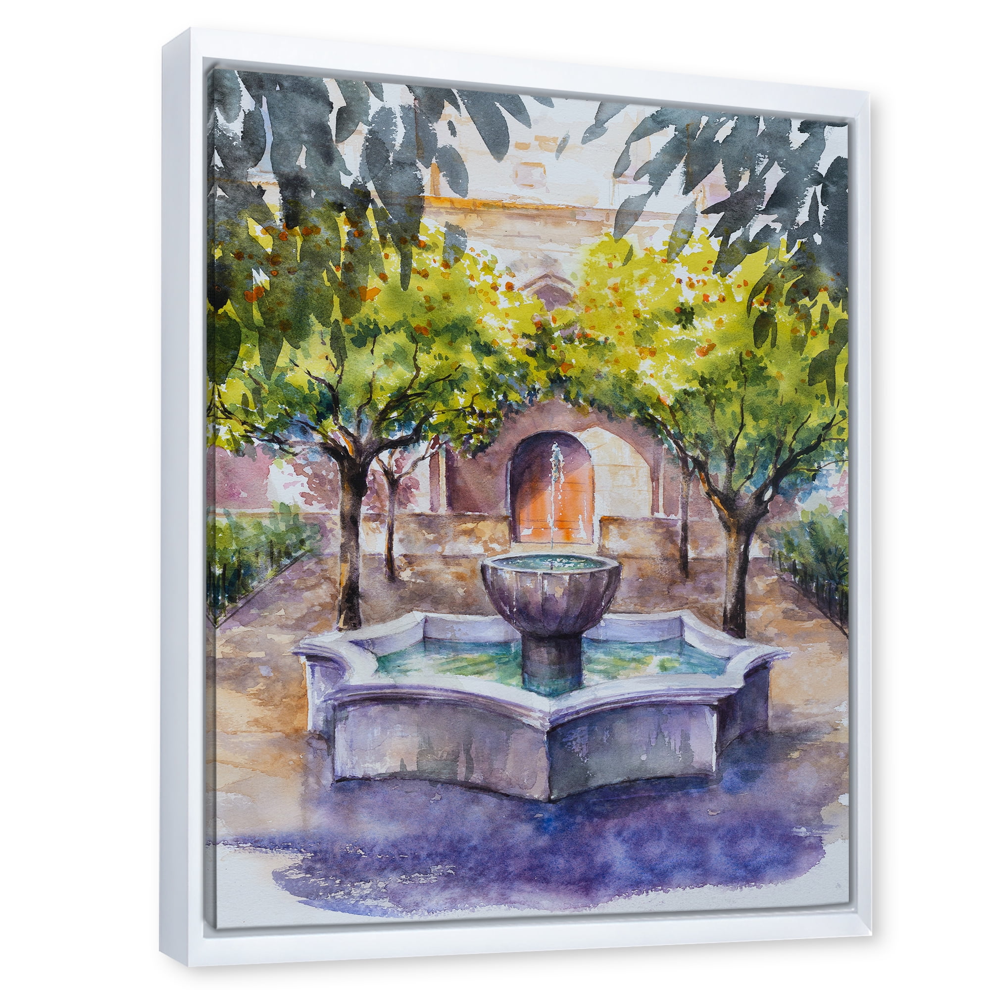Designart 'Small Fountain With Trees In The Village House' Country Framed Canvas Wall Art Print