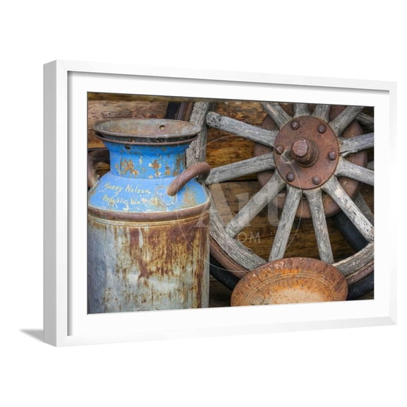USA, Alaska Antique milk can, wagon wheel and gold pan, Transportation Framed Art Print Wall Art by Jaynes Gallery Sold by Art.Com