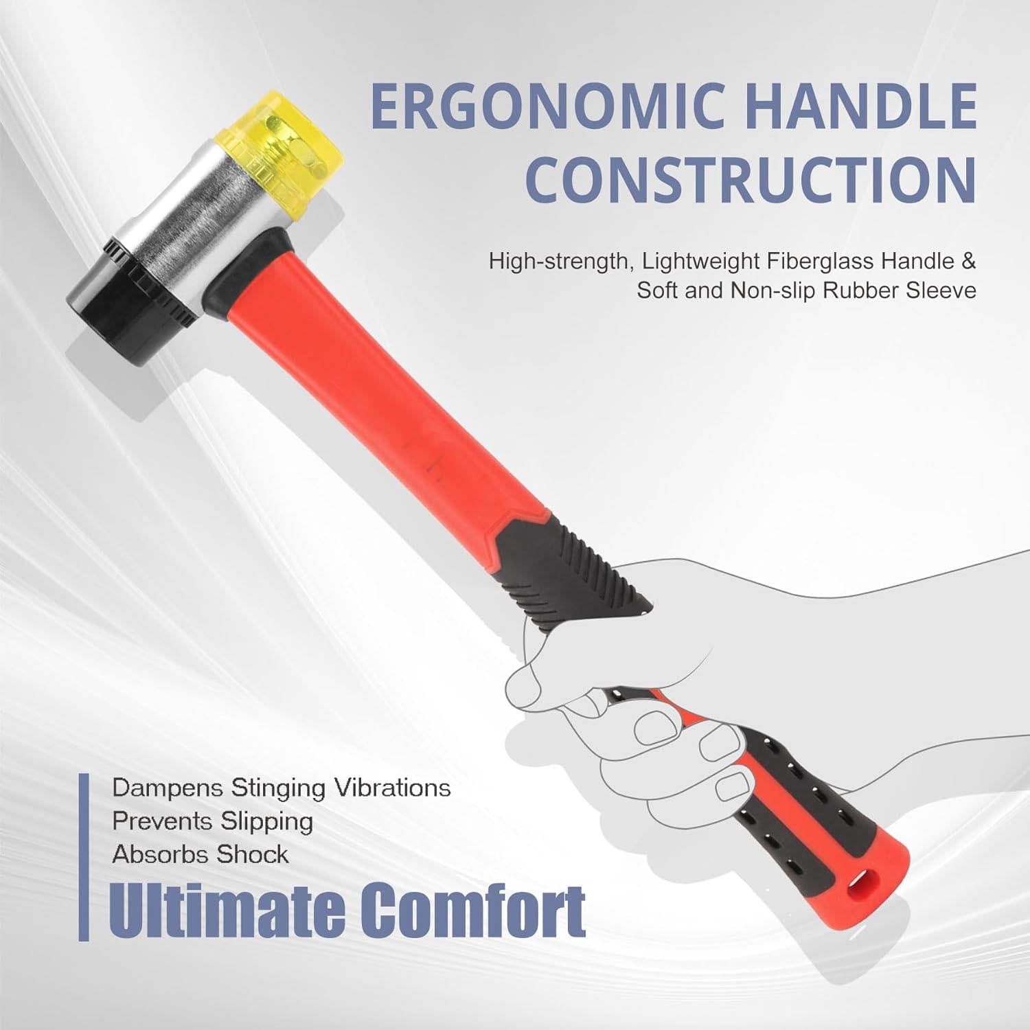 2-Piece Hammer Set - Rubber Mallet and Double-Faced Soft Hammer with Solid Head and Soft Grip Fiberglass Handle