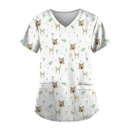 

Knosfe Women s Short Sleeve Casual V Neck Workwear Plus Size Pockets Animal Print Summer Scrub Top L