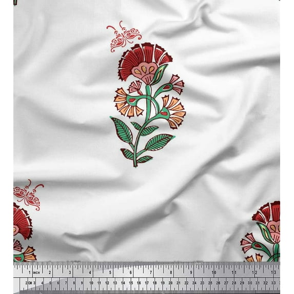 Soimoi Orange Polyester Crepe Fabric Insect,Leaves & Floral Block Printed Fabric 1 Yard 42 Inch Wide