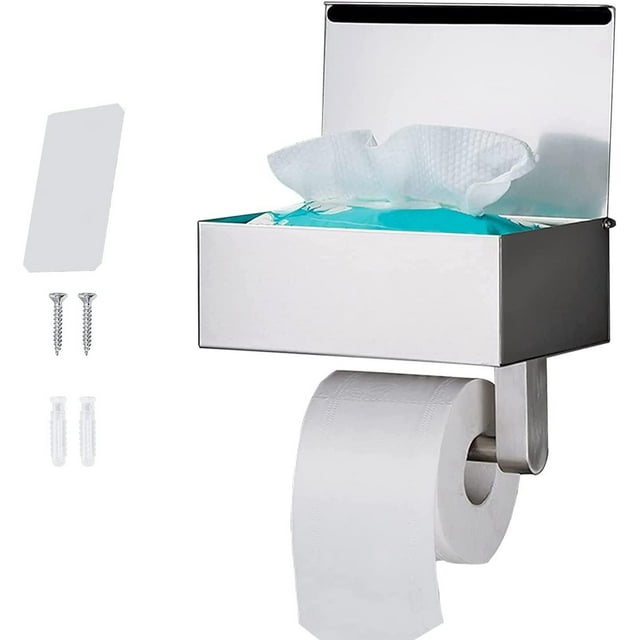 Portarrollos para Papel Higiénico,Portarrollos Baño Plata Acero Inoxidable Portarollos Papel Higienico con Estante Porta Rollo de baño Taladro o Autoadhesivo Instalar