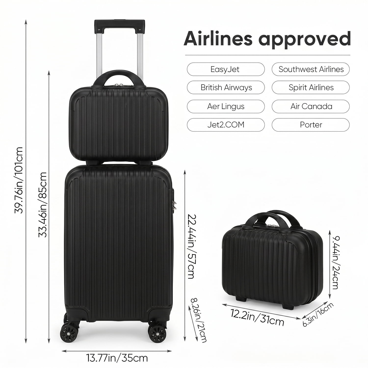 2 Piece Vertical Striped Luggage Set, Carry On Hardside Suitcase with Spinner Wheels & TSA Lock, Lightweight Travel Luggage with Cosmetic Case Black