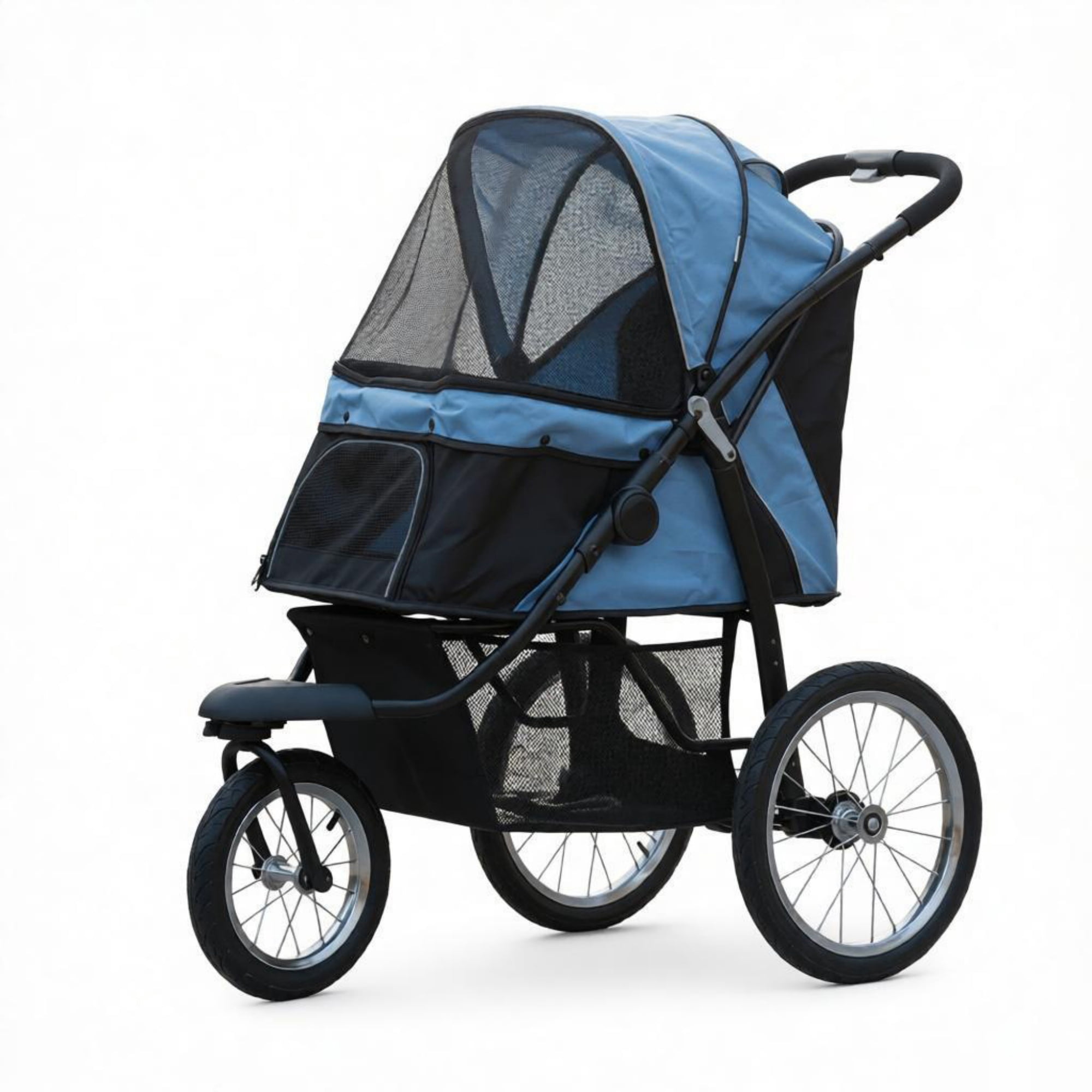 3-Wheel Pet Stroller for Small & Medium Dogs, Adjustable Canopy, Safety Tether, Storage Basket, Blue