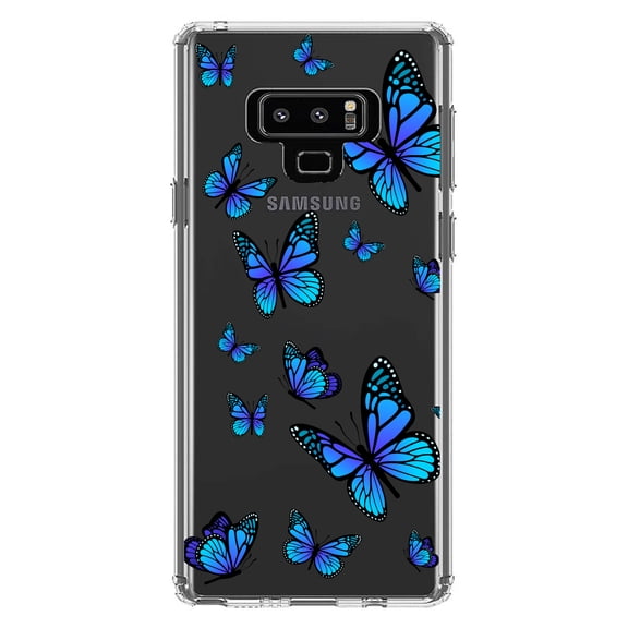 DistinctInk Clear Shockproof Hybrid Case for Samsung Galaxy Note 9 - TPU Bumper Acrylic Back Tempered Glass Screen Protector - Blue Butterflies Butterfly