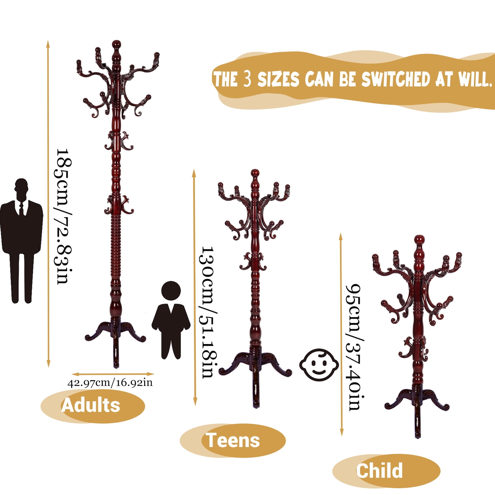 Freestanding Wooden Coat Rack, Natural Birch Wood Coat Tree with 14 Hooks, Sturdy Hall Tree for Entryway & Office