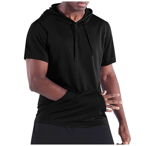 VSSSJ Men's Short Sleeve Hoodies Drawstring Pocket Workout Gym Sweatshirt Muscle Fit Athletic Hooded T-Shirts Pullover Black XXL