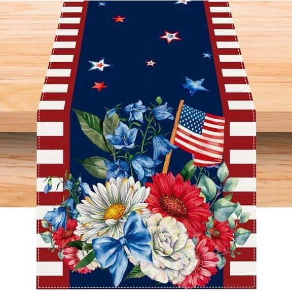 Linen Watercolor Red White and Blue American Flag Stars Table Runner 108 Inches Long 4th of July Memorial Day Veterans Day Patriotic Decoration and Supplies for Home