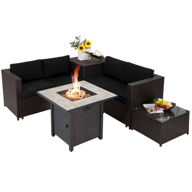 Gymax 5PCS Patio Furniture Set w/30 Inches Gas Fire Pit Table Cushions Storage Box