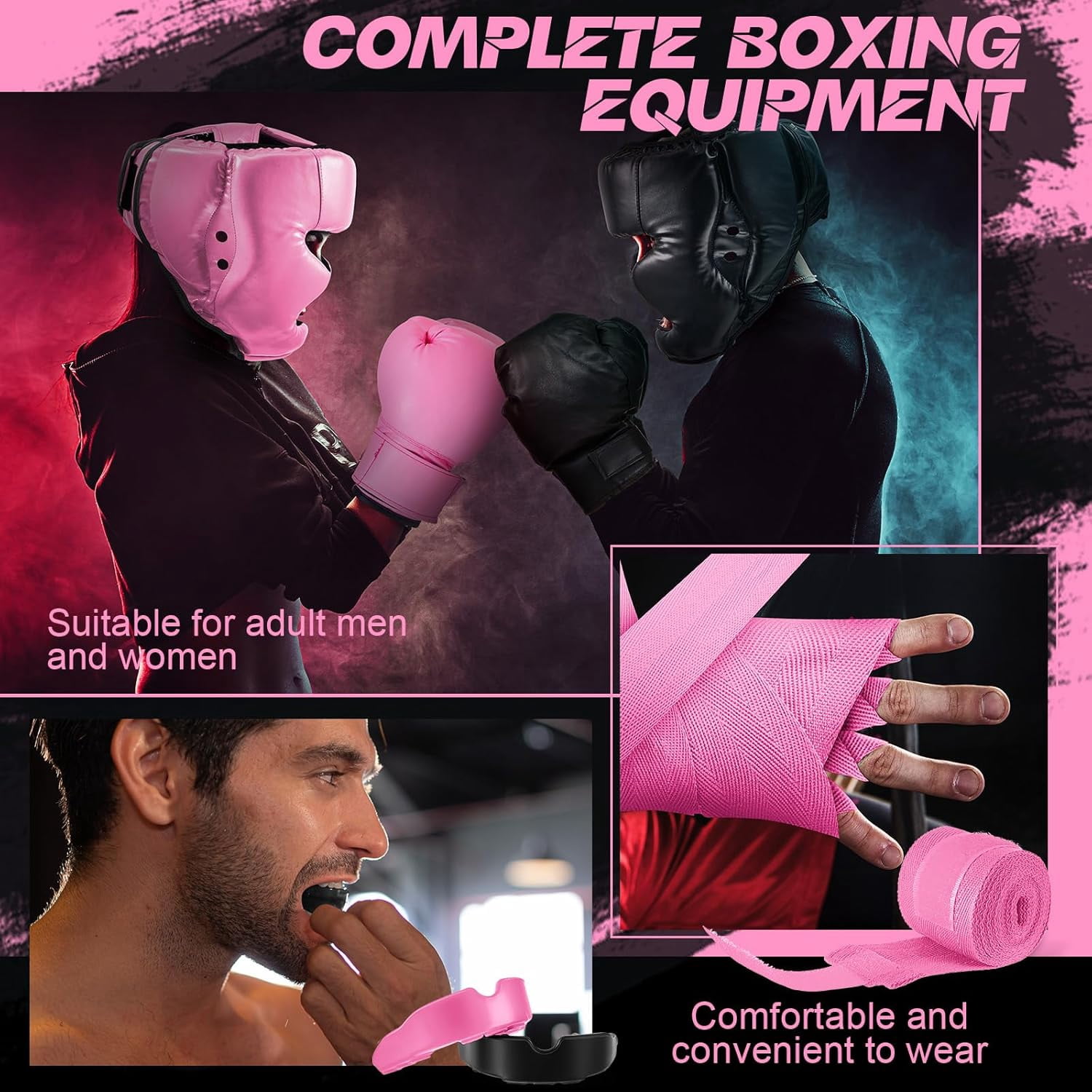 14-piece boxing set includes 2 pairs of 16-ounce (approximately 453.6 grams) boxing gloves, a helmet, and a face mask for adult and youth beginners training equipment
