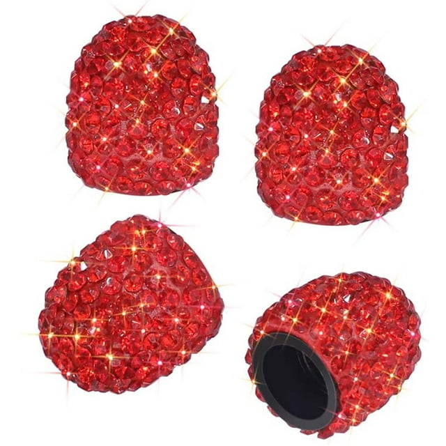 Valve Stem Caps, 4 Pack Handmade Crystal Rhinestone Universal Car Tire Valve Caps Chrome,Attractive Dustproof Bling Car Accessories(Red)
