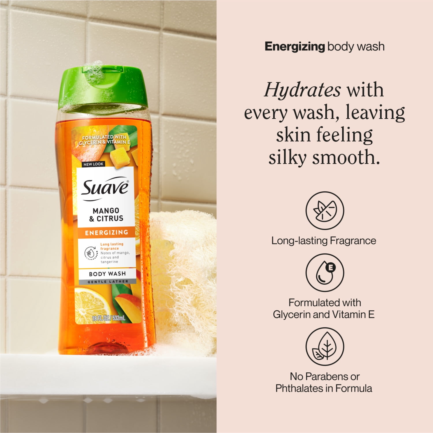 (4 pack) Suave Mango & Citrus Moisturizing Body Wash with Glycerin & Vitamin E, 18 FL OZ