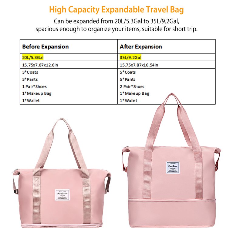 Large Capacity Expandable Travel Duffle Bag for Women, Dry Wet