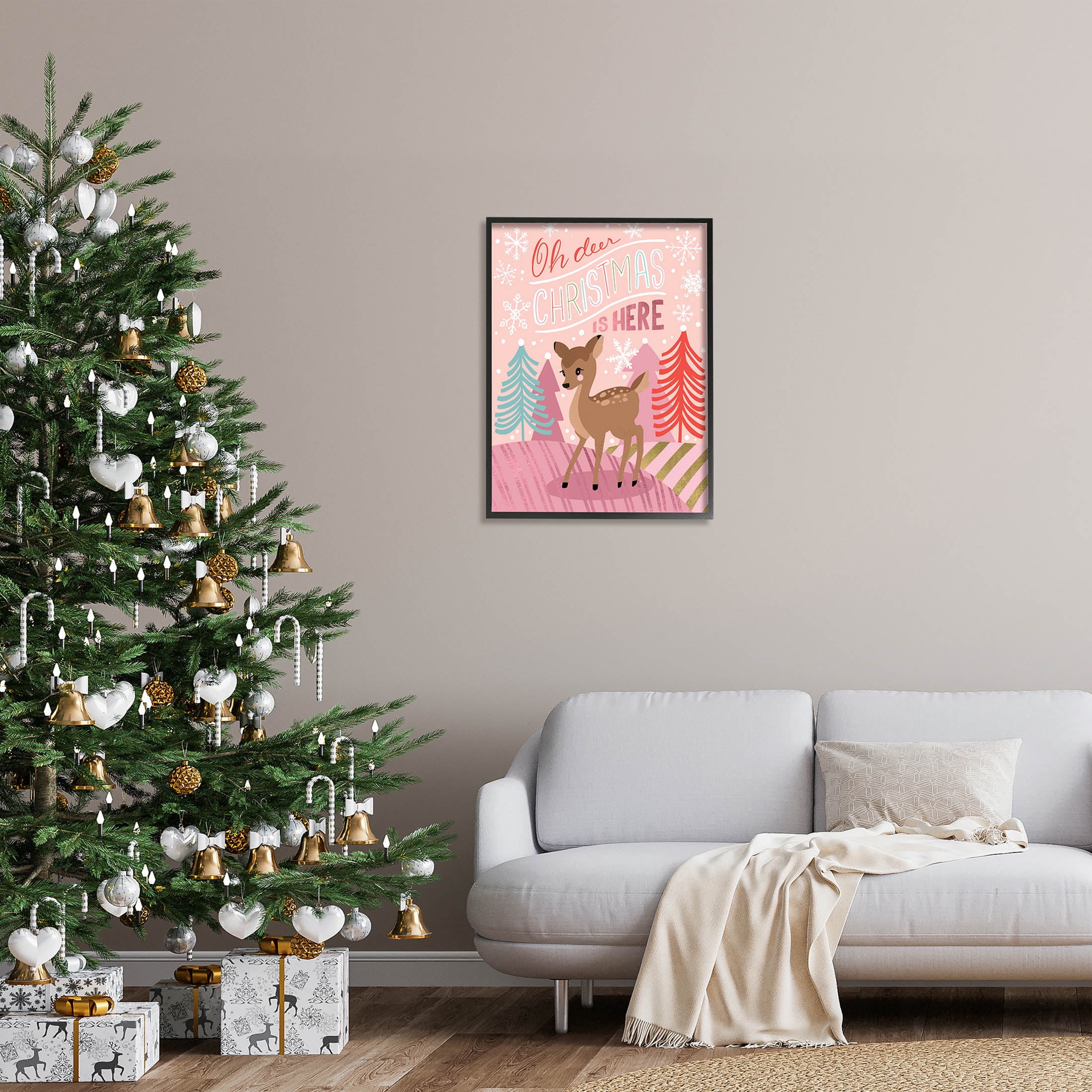 Oh Deer Christmas Is Here Phrase Holiday Graphic Art Black Framed Art Print Wall Art