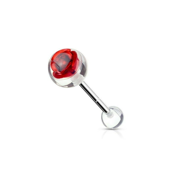 Tongue Barbell with Metal Rose Embedded in Clear Ball Top Surgical Steel 14ga