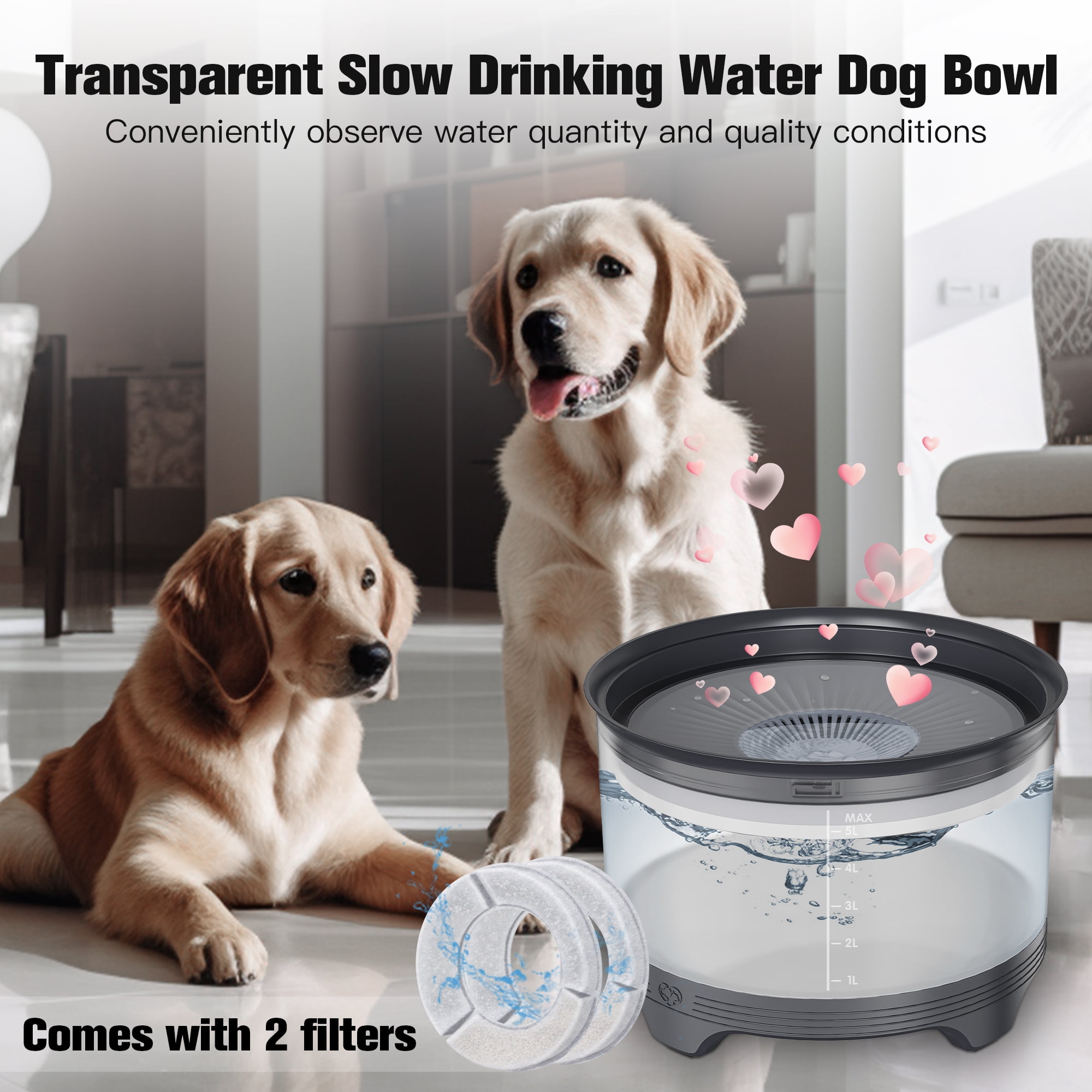 5.5L Dog Water Bowl,186oz Large Capacity No Spill Water Bowl for Dogs, Splash Proof Slow Water Feeder with Heightened Base, Anti-Slip Slow Drinking Pet Water Bowl for Messy Drinkers