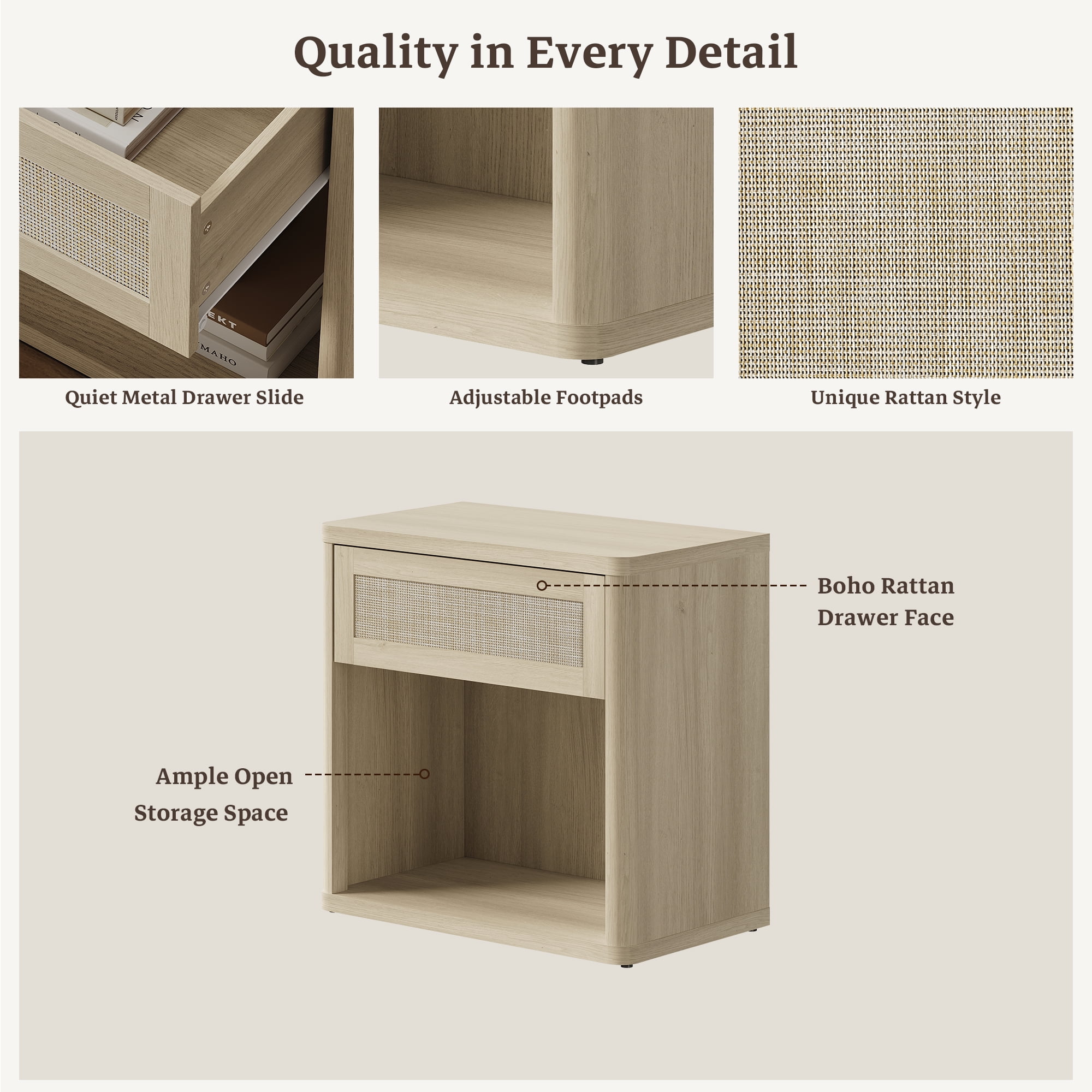 SICOTAS Rattan 27"W Nightstand, Boho Bedside Table with Large Drawer & Open Storage Shelf, Coastal Nightstand, Small Farmhouse Wood End Side Table for Bedroom, Living Room, Light Oak