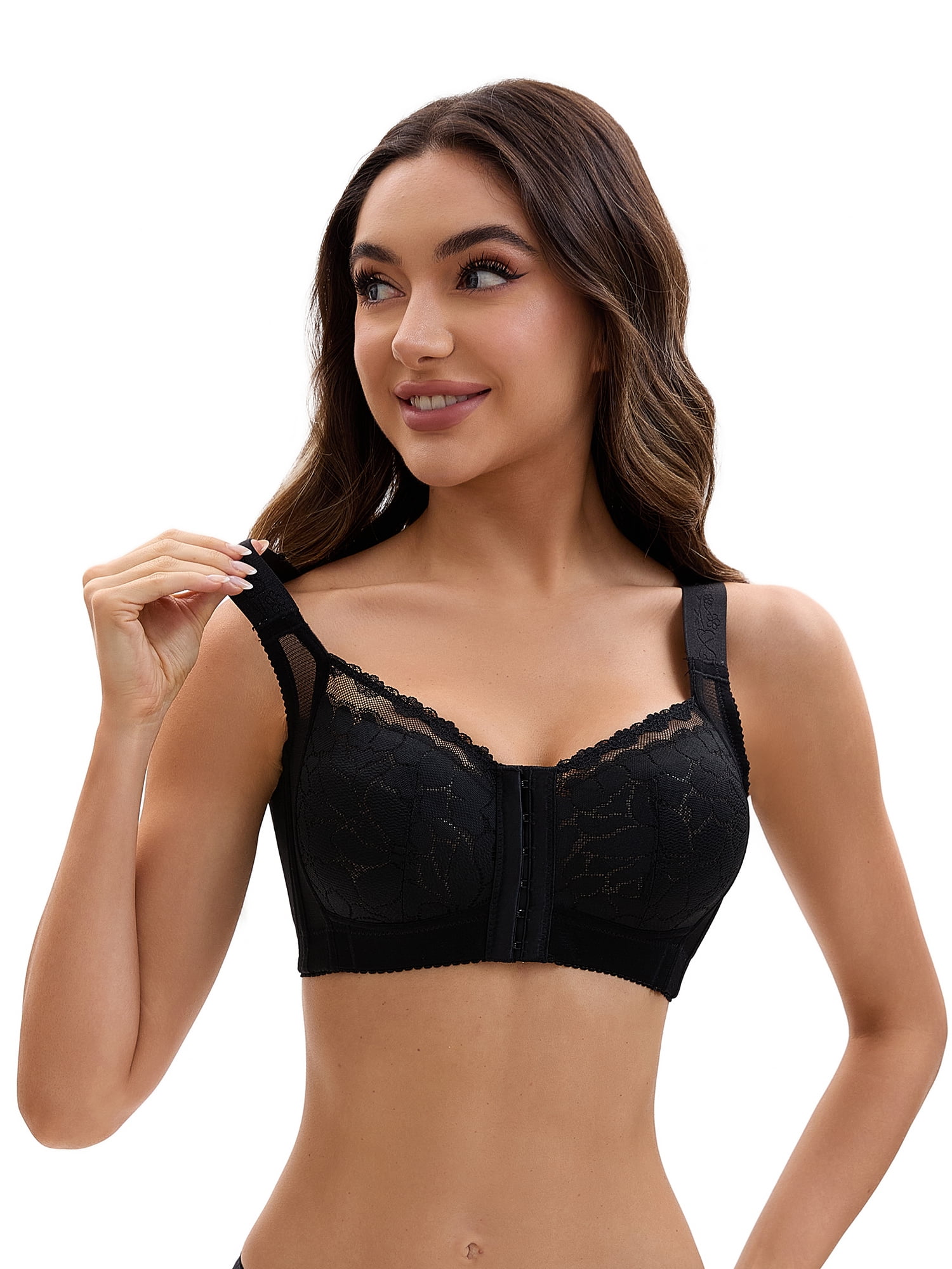 Unique Bargains Lace Front Closure Full Coverage Wirefree Bras E 44 Black