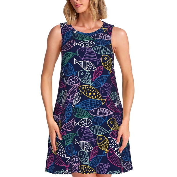 Disketp Cute Line Fish para Vestido sin Mangas para Mujeres, Vestidos de Verano para Mujeres, Casual y Holgado para la Playa