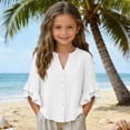 thumbnail image 5 of PiGOGI Girls Ruffle 3/4 Sleeve V-Neck Button Down Top Solid Color Soft Casual Blouse for Kids White 13Years, 5 of 8