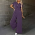 thumbnail image 5 of Feancey Wide Leg Jumpsuit for Women Dressy Casual Short Sleeve Button Rompers Solid Color Loose Playsuits Summer Beach Vacation One Piece Jumpsuits with Pockets Purple XL, 5 of 9