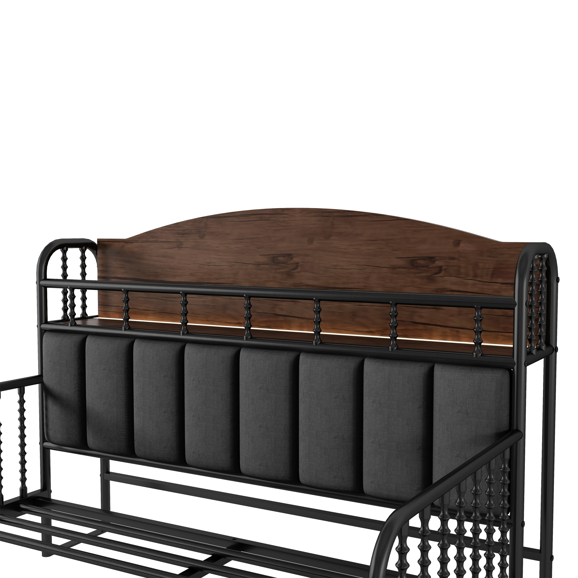 Euroco Metal Full Size Platform Bed with Upholstered Headboard, Storage Shelves and LED Light, Black