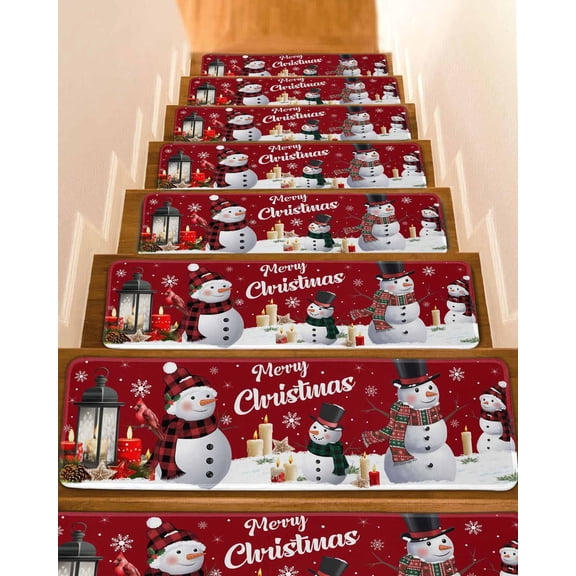 Merry Christmas Stair Treads for Wooden Steps Indoor Runner Rug Carpet,Red Xmas Snowman Snowflake Candle Winter 10 Pieces Peel and Stick Staircase Step Treads Covers Washable Throw Door Mats,30"x8"