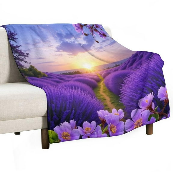 Lavender Field Sunset Blanket Soft Throw Warm Lightweight Plush Blanket for Couch Bed Sofa