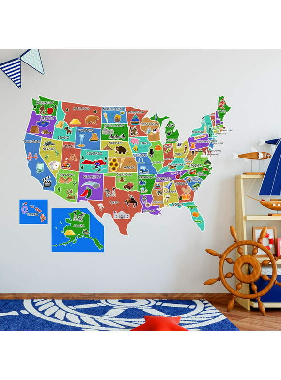 VWAQ US Map Wall Decal United States of America Sticker Peel and Stick Kids Decor - HOL44