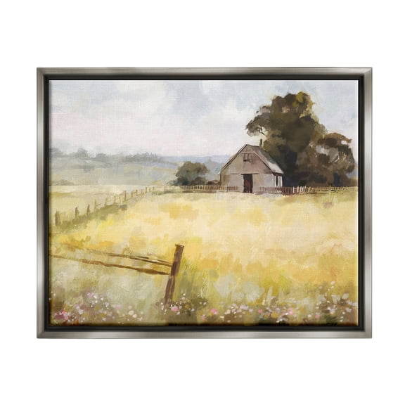 Stupell Industries Rustic Lodge Distant Barn Country Fence Gray Floating Frame Canvas Art, 31 x 25, by Ziwei Li