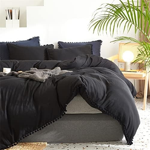 Kid's Duvet Cover Twin Size,100% Washed Microfiber 2pcs Bedding Duvet Cover Set, Pom Poms Fringe Solid Color Soft and Breathable with Zipper Closure & Corner Ties (Black, Twin)