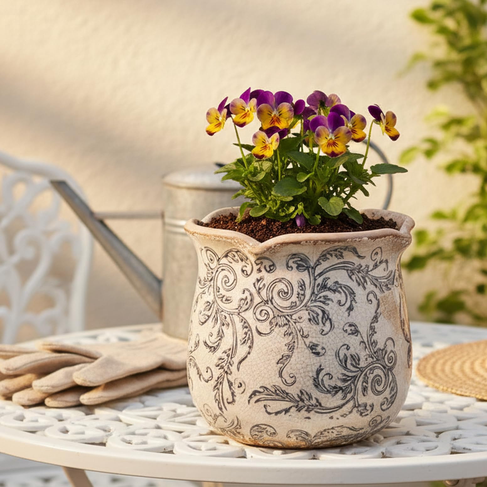 Ceramic Pots for Plants, Vintage Plant Pot with Drainage Hole, 6.11in. Planter for Indoor Plants, Crackle Glaze Finish Flower Pot, Perfect Ceramic Planter for Gardening, Red Blooms