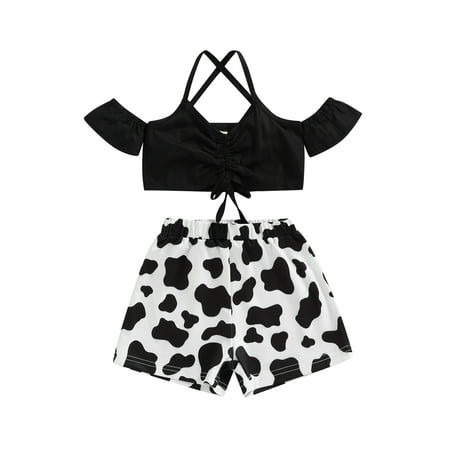 

Suanret Kids Toddler Girls 2Pcs Clothes Outfits Sling Straps Cutout Short Sleeve Hollow Tops + Leopard Print Shorts Black 2-3 Years