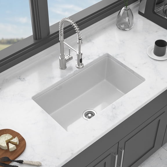 Undermount Kitchen Sink, 30"x18"x10" Undermount Single Bowl Fireclay Kitchen Sink - Dual Mount White Porcelain Fireclay Rectangular Deep Single Bowl Sink Basin, White Stainless Steel Kitchen Sink