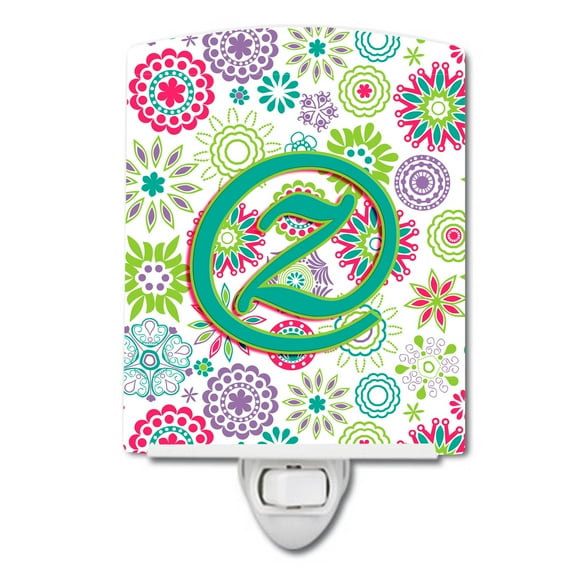 Caroline's Treasures CJ2011-ZCNL Letter Z Flowers Pink Teal Green Initial Ceramic Night Light, 6x4x3", multicolor