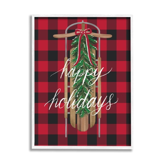 Stupell Industries Happy Holidays Tartan Sled Graphic Art White Framed Art Print Wall Art, Design by Amanda McGee