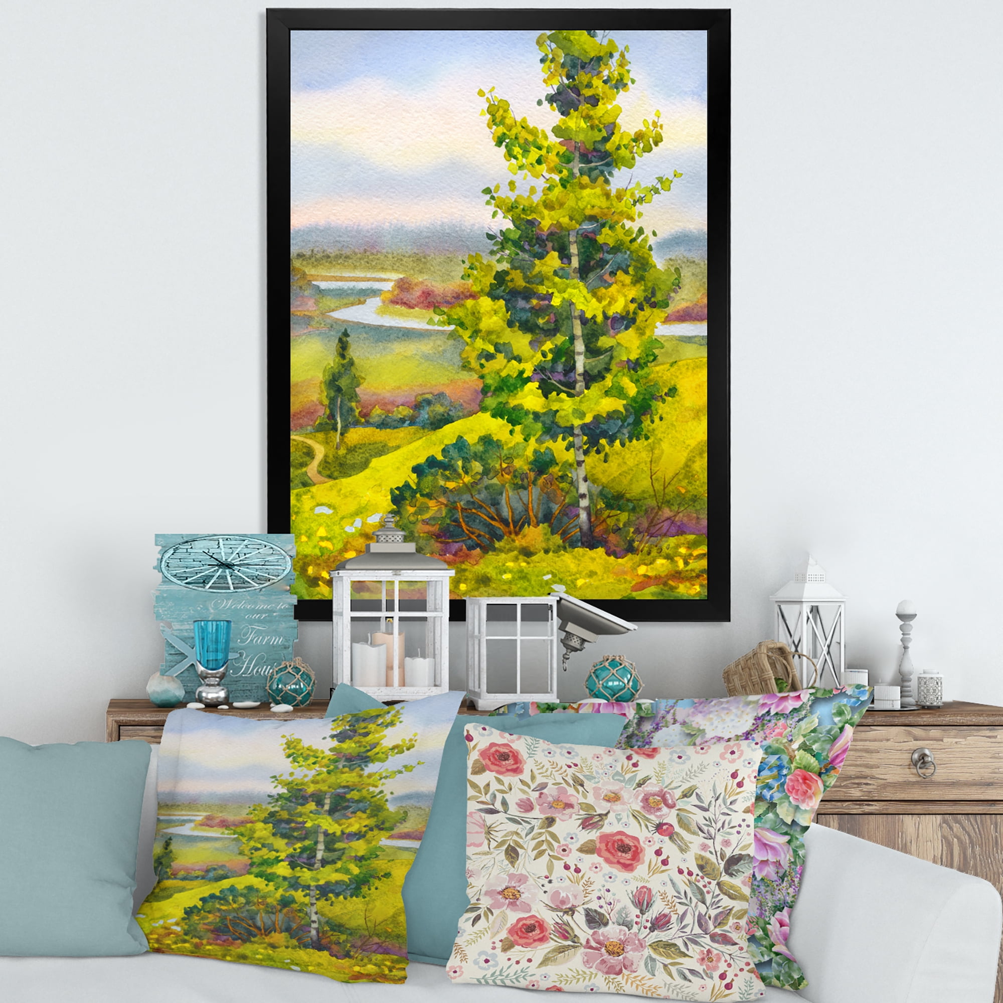 Designart 'Colorful Young Orange Betulas Along Bank Of Calm Bay' Lake House Framed Art Print