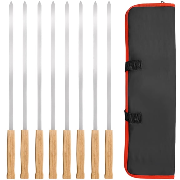 8 Pcs Stainless Steel Skewers for Grilling, 17.4 in / 44.2 cm Flat Kabob Skewers with Wooden Handle, Reusable BBQ Skewers with Canvas Bag for Camping, Home Use