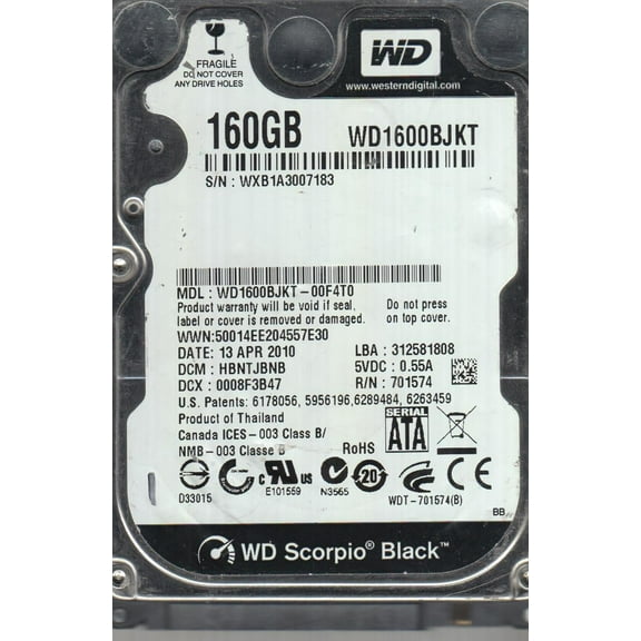 WD1600BJKT-00F4T0, DCM HBNTJBNB, Western Digital 160GB SATA 2.5 Hard Drive