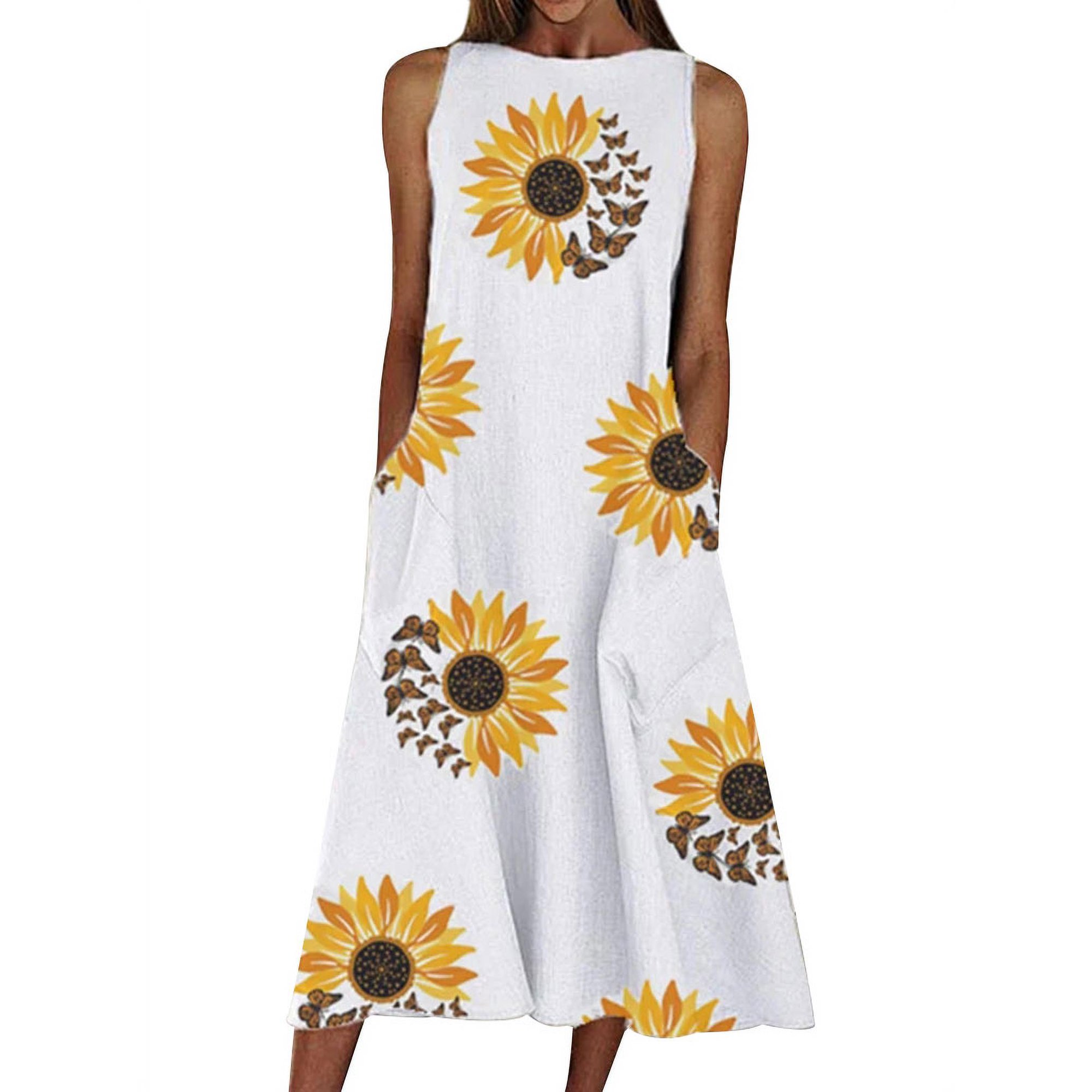 TWZH Women Butterfly Sunflower Print Sleeveless Midi Dress With