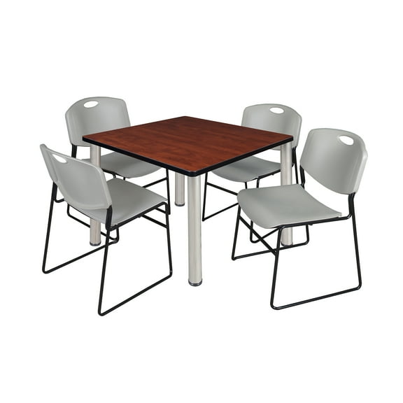 Romig Trek 42 in Square Breakroom Table- Cherry Top, Chrome Legs, 4 Zeng Stack Chairs- Grey