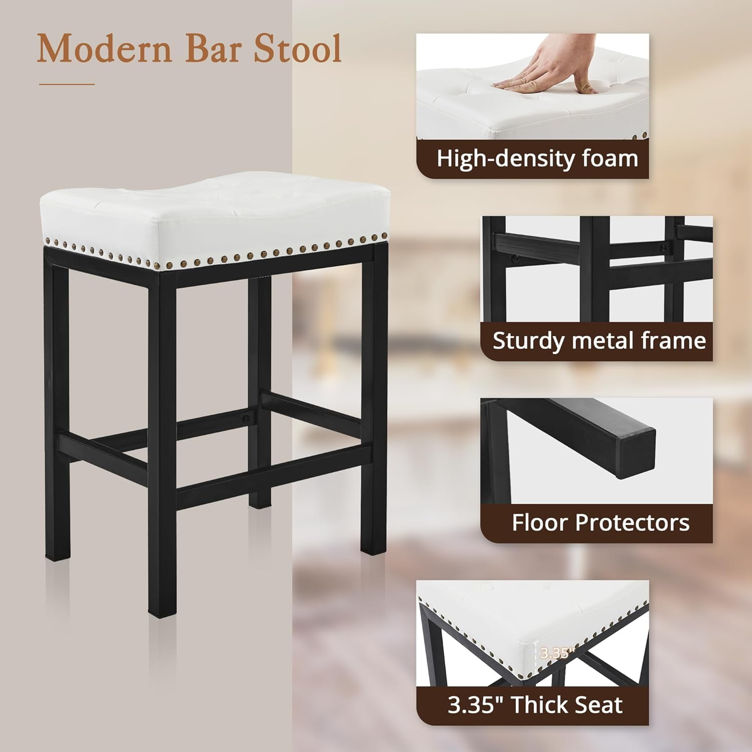 Dycanpo 24” Saddle Bar Stools Set of 4 with Modern Metal Legs, for Home Kitchen, White